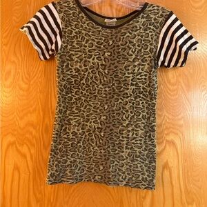 Vintage Edith Miller Leopard Print Women's Tee with Striped Sleeves